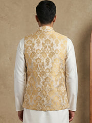 Men's Floral Jacquard Silk Blend Nehru Jacket ( 65WC 4156Yellow )