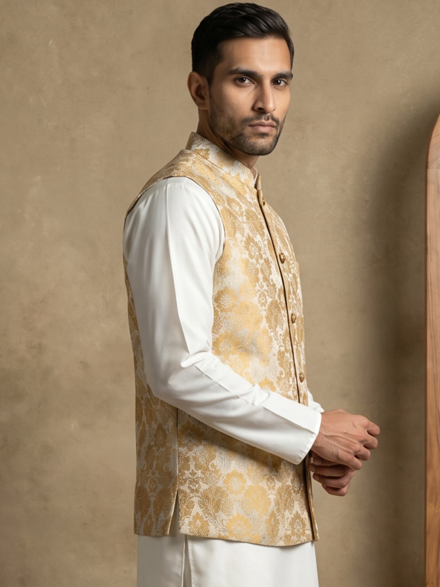 DesiQlo Men Woven Design Nehru Jacket and Kurta Pyjama  - 65WC_4156Yel
