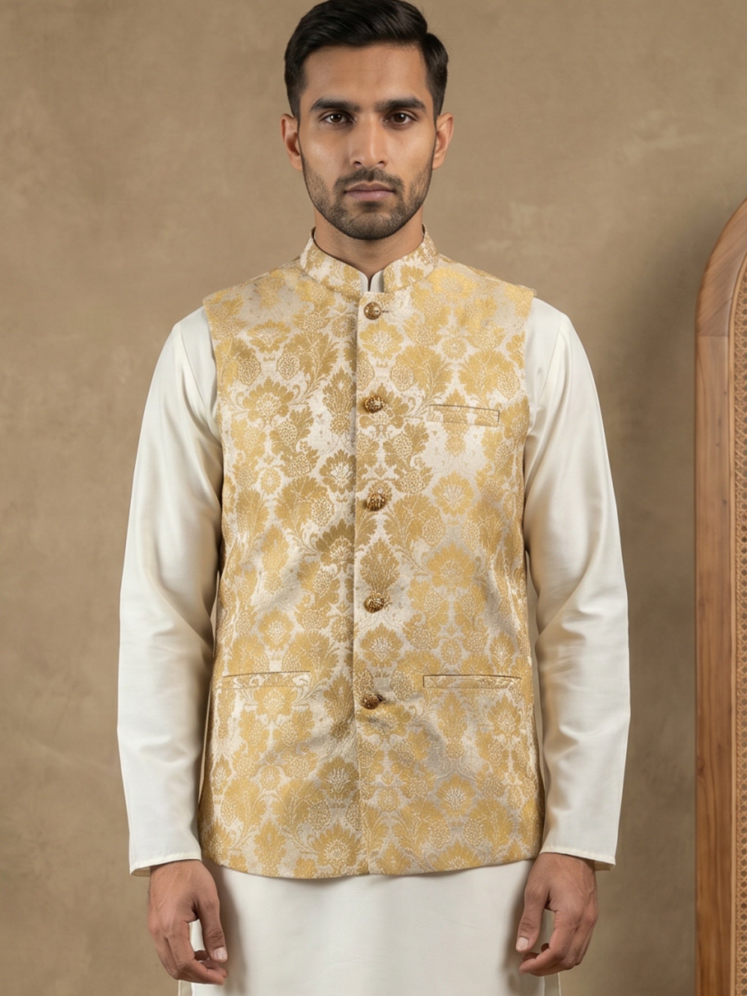 DesiQlo Men Woven Design Nehru Jacket and Kurta Pyjama  - 65WC_4156Yel