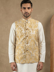 Men's Floral Jacquard Silk Blend Nehru Jacket ( 65WC 4156Yellow )