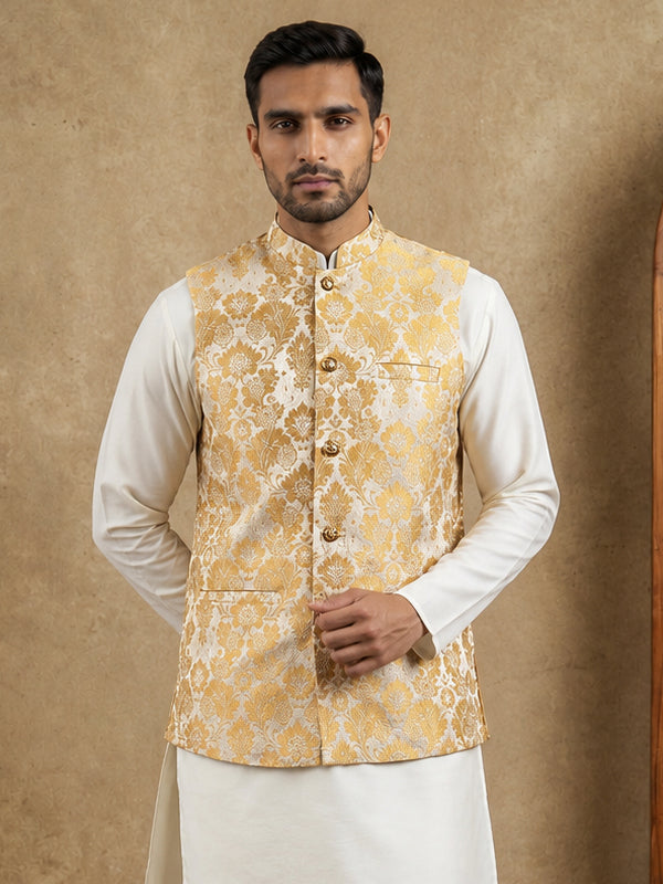 DesiQlo Men Woven Design Nehru Jacket and Kurta Pyjama  - 65WC_4156Yel