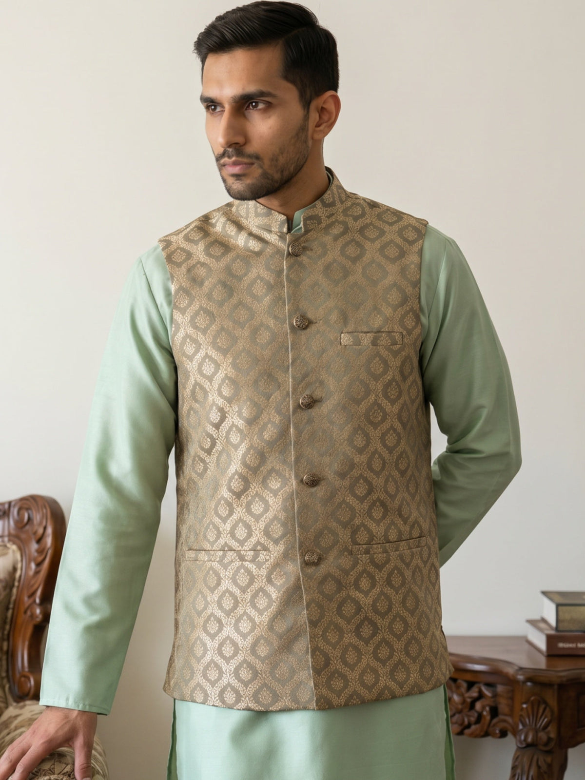 Men's Jacquard Woven Silk Blend Nehru Jacket ( 65WC 4157Green )