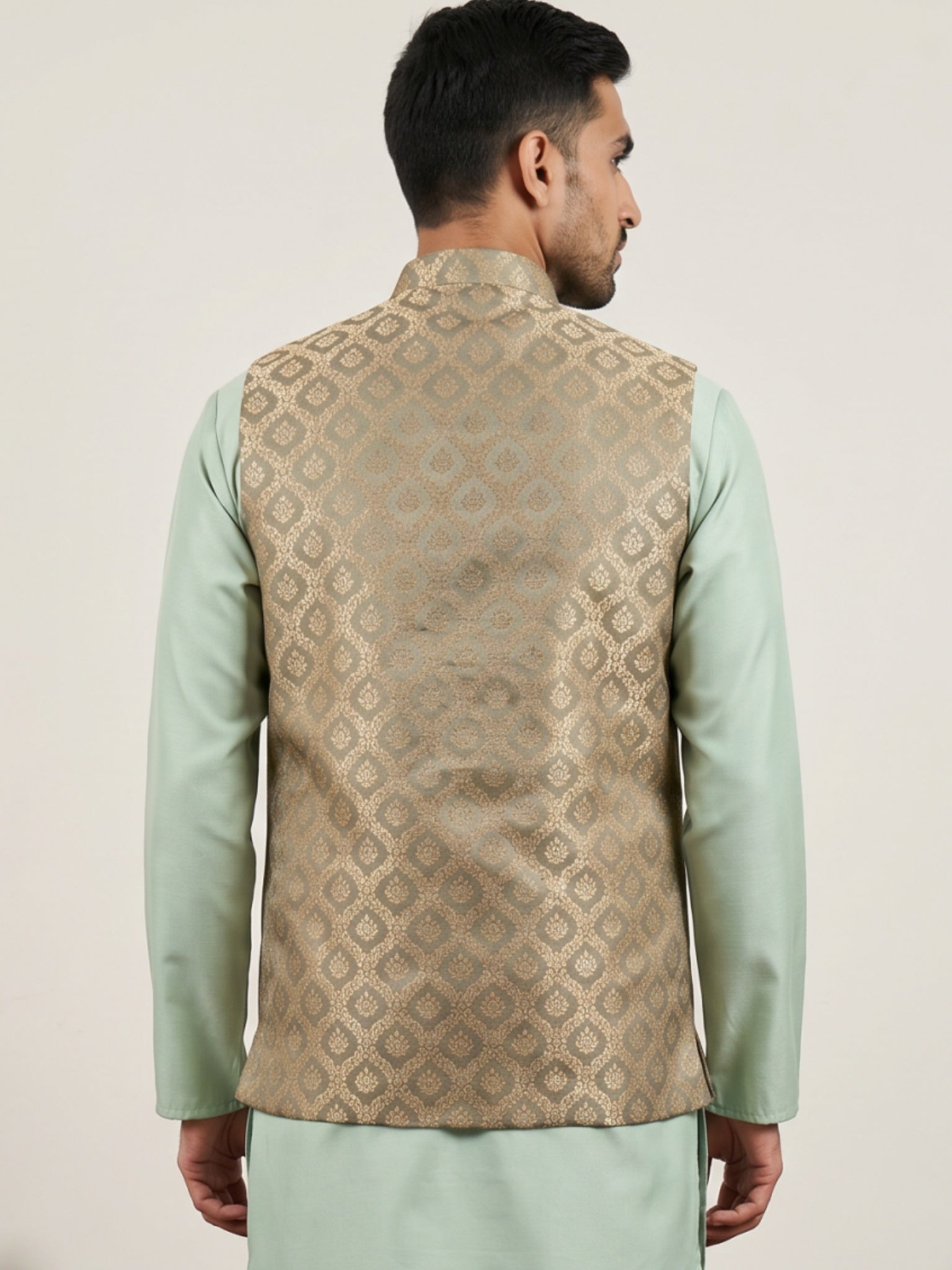 DesiQlo Men Woven Design Nehru Jacket and Kurta Pyjama  - 65WC_4157Gre
