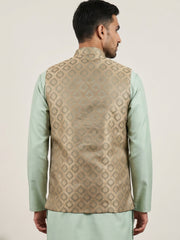 Men's Jacquard Woven Silk Blend Nehru Jacket ( 65WC 4157Green )
