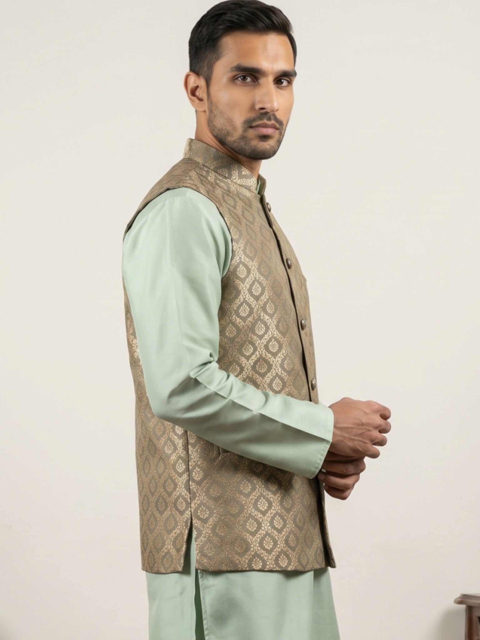 DesiQlo Men Woven Design Nehru Jacket and Kurta Pyjama  - 65WC_4157Gre