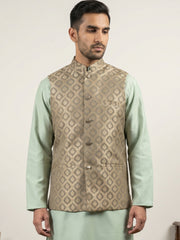 Men's Jacquard Woven Silk Blend Nehru Jacket ( 65WC 4157Green )
