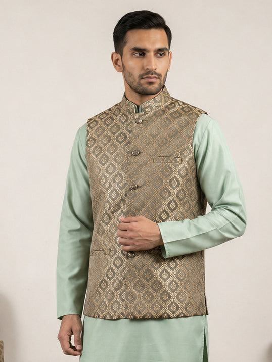 DesiQlo Men Woven Design Nehru Jacket and Kurta Pyjama  - 65WC_4157Gre