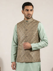 Men's Jacquard Woven Silk Blend Nehru Jacket ( 65WC 4157Green )