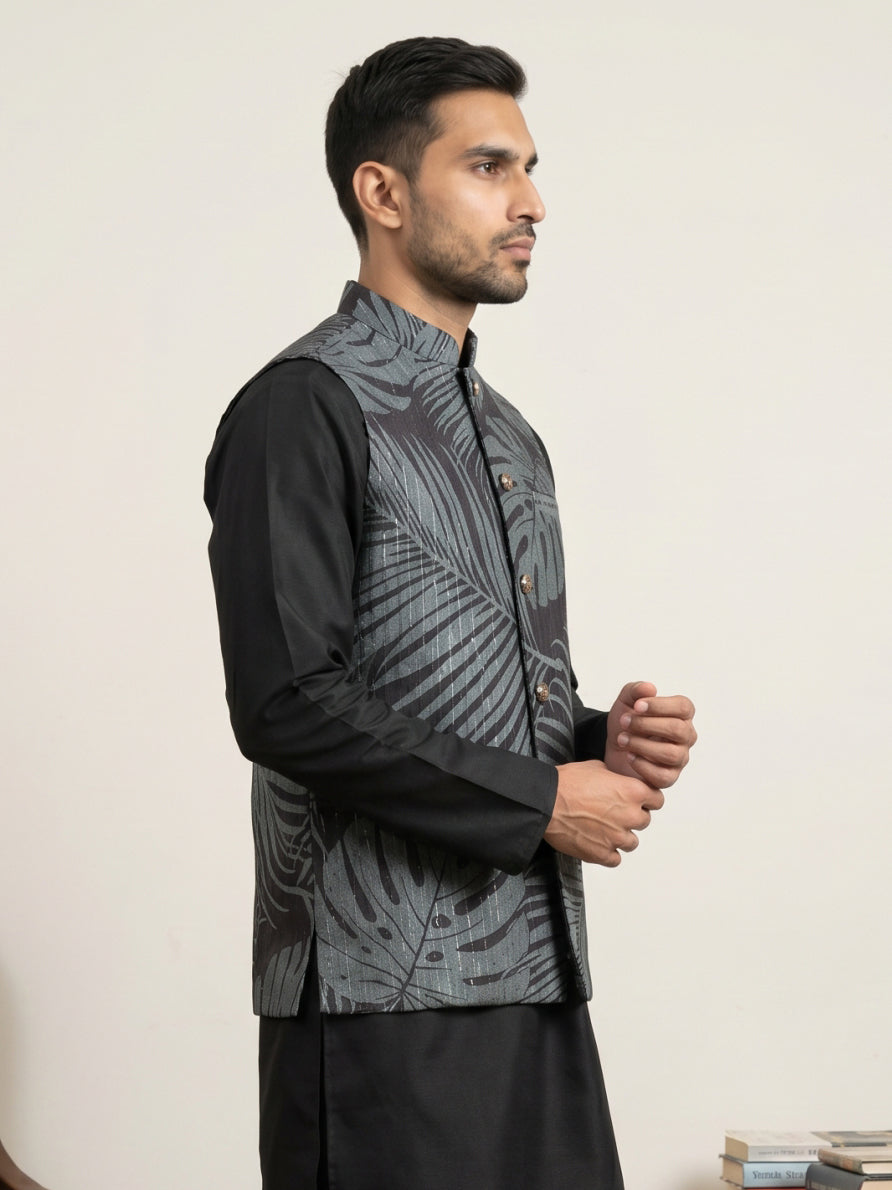 DesiQlo Men Printed Nehru Jacket and Kurta Pyjama Set - Grey