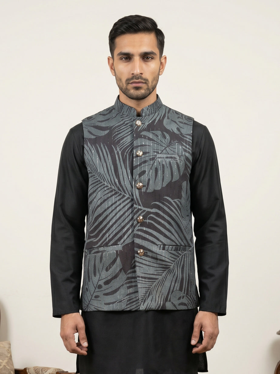 DesiQlo Men Printed Nehru Jacket and Kurta Pyjama Set - Grey