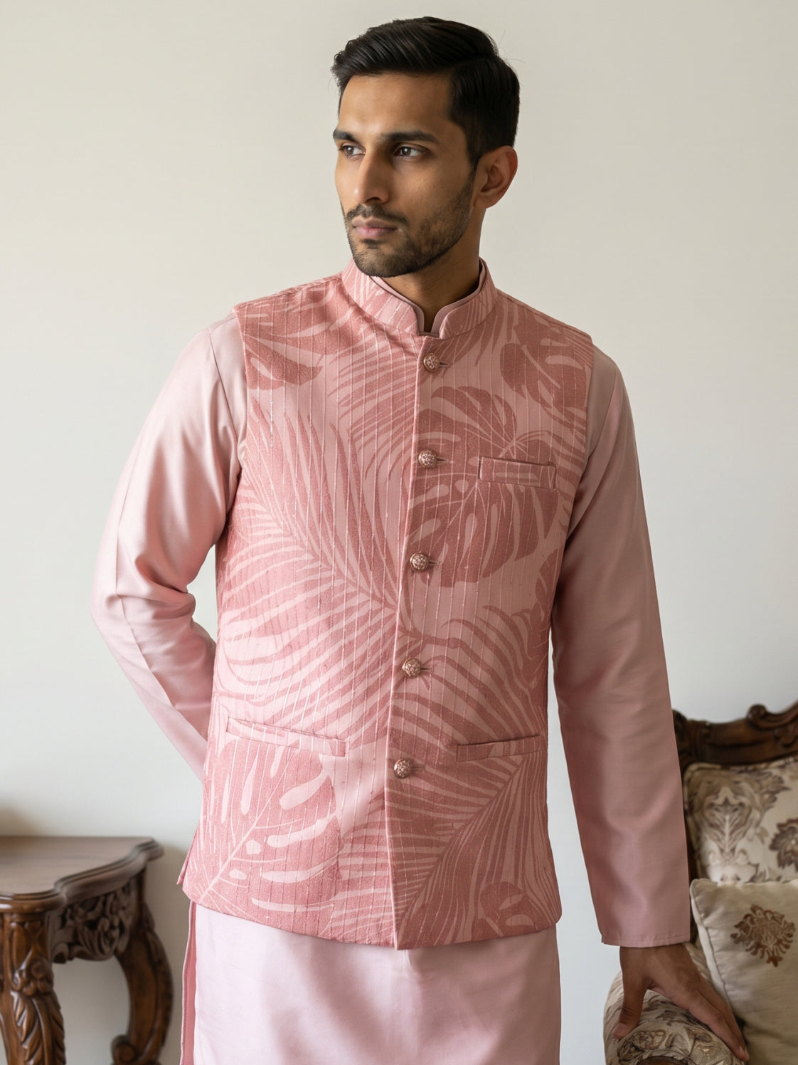 Cotton Blend Botanical Print Nehru Jacket ( 65WC 4158Peach )