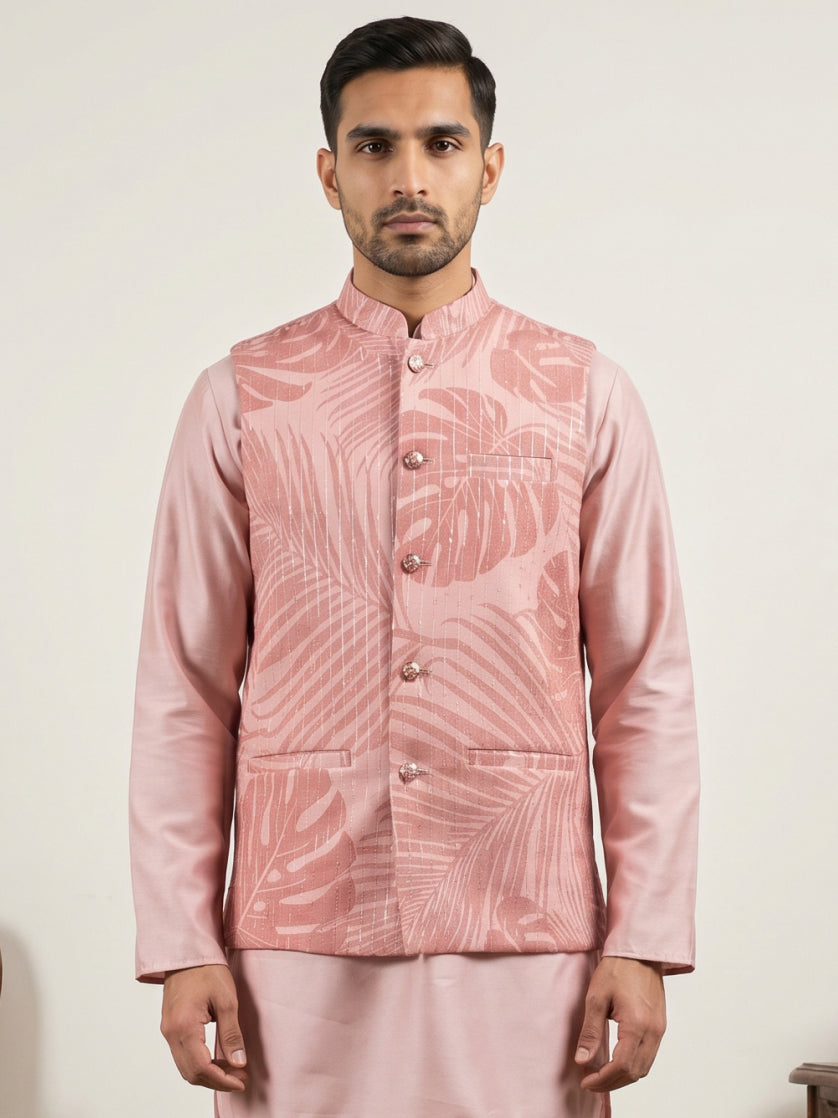 DesiQlo Men Printed Nehru Jacket and Kurta Pyjama Set - Orange
