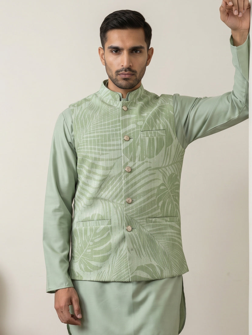 DesiQlo Men Printed Nehru Jacket and Kurta Pyjama Set - Green