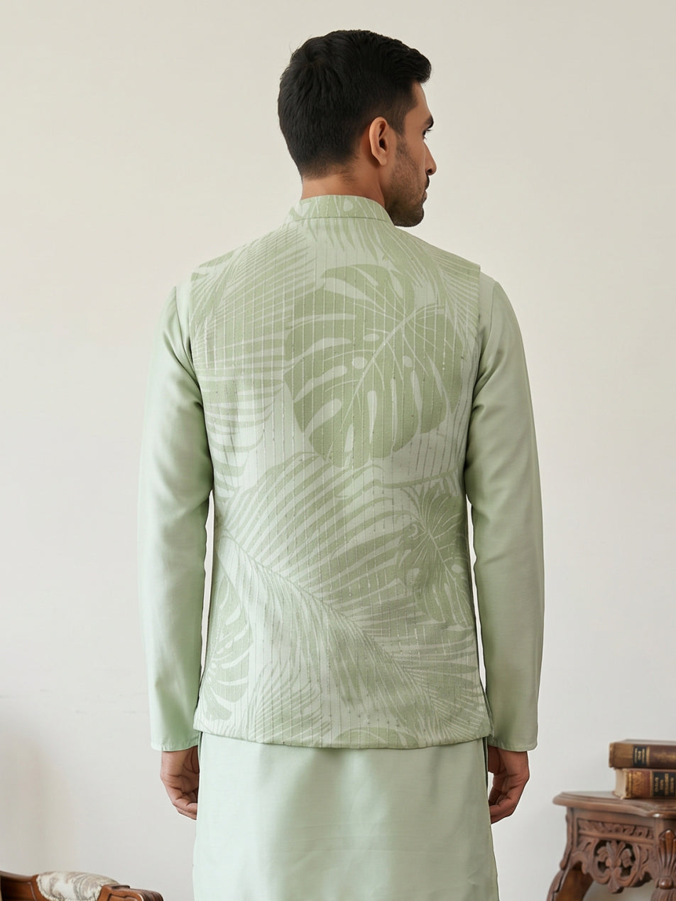 DesiQlo Men Printed Nehru Jacket and Kurta Pyjama Set - Green