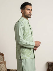 Cotton Blend Botanical Print Nehru Jacket ( 65WC 4158Pista )