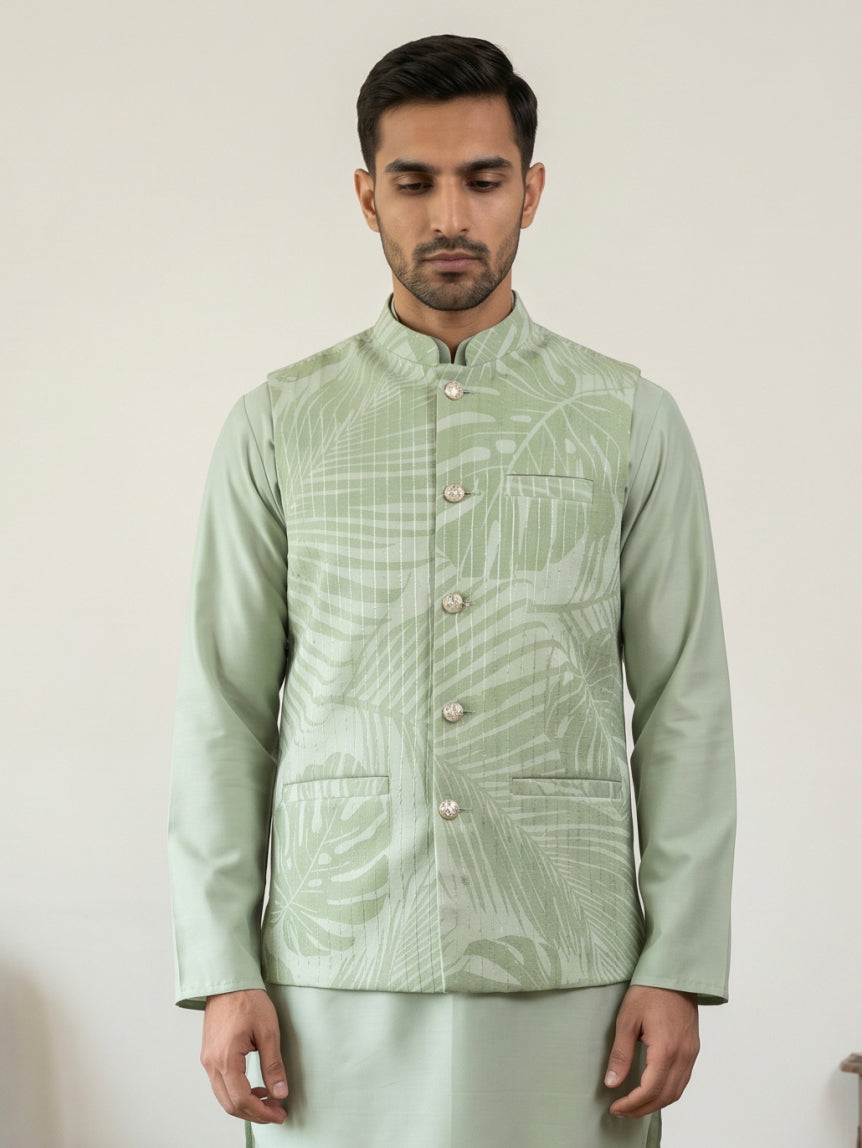 DesiQlo Men Printed Nehru Jacket and Kurta Pyjama Set - Green