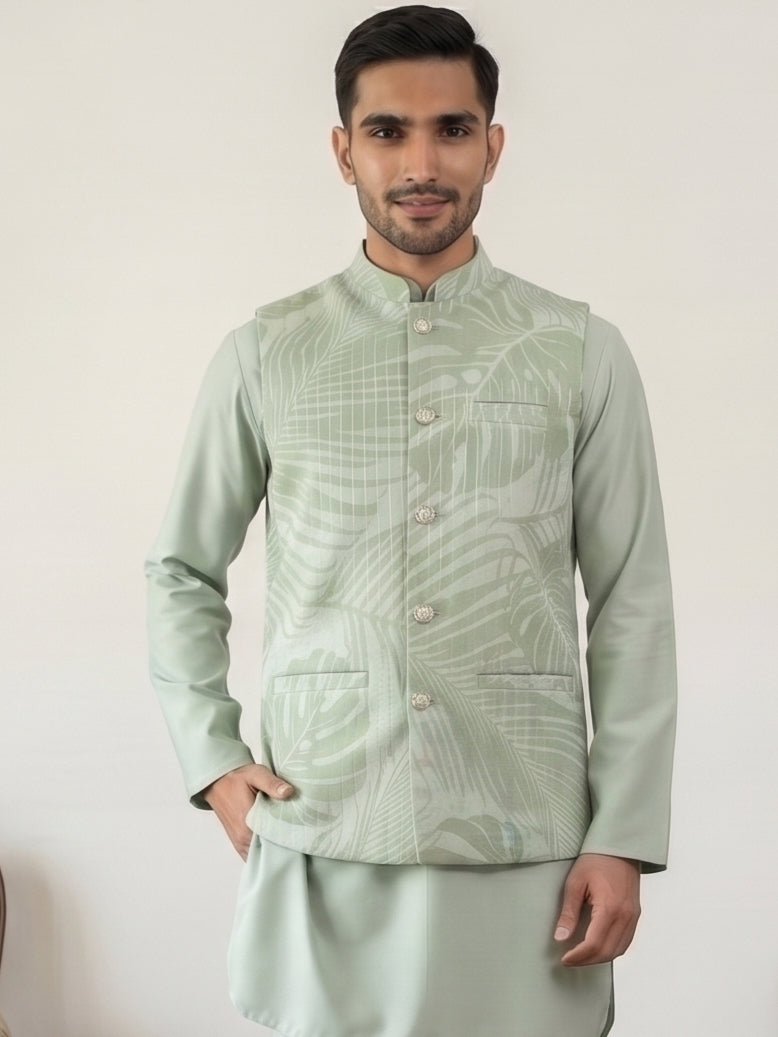 DesiQlo Men Printed Nehru Jacket and Kurta Pyjama Set - Green