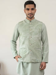 Cotton Blend Botanical Print Nehru Jacket ( 65WC 4158Pista )
