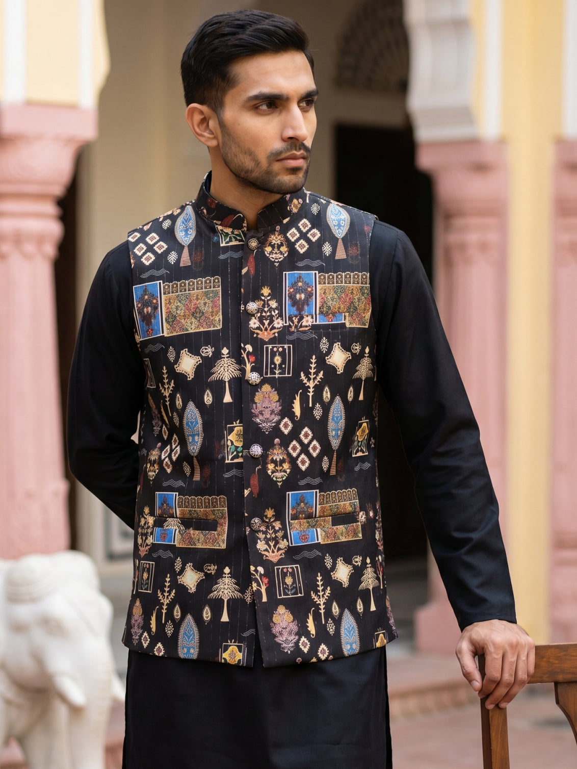 Cotton Blend Multicoloured Print Nehru Jacket ( 65WC 4159Black )