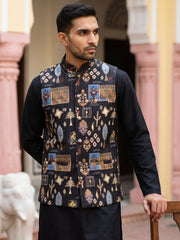 Cotton Blend Multicoloured Print Nehru Jacket ( 65WC 4159Black )