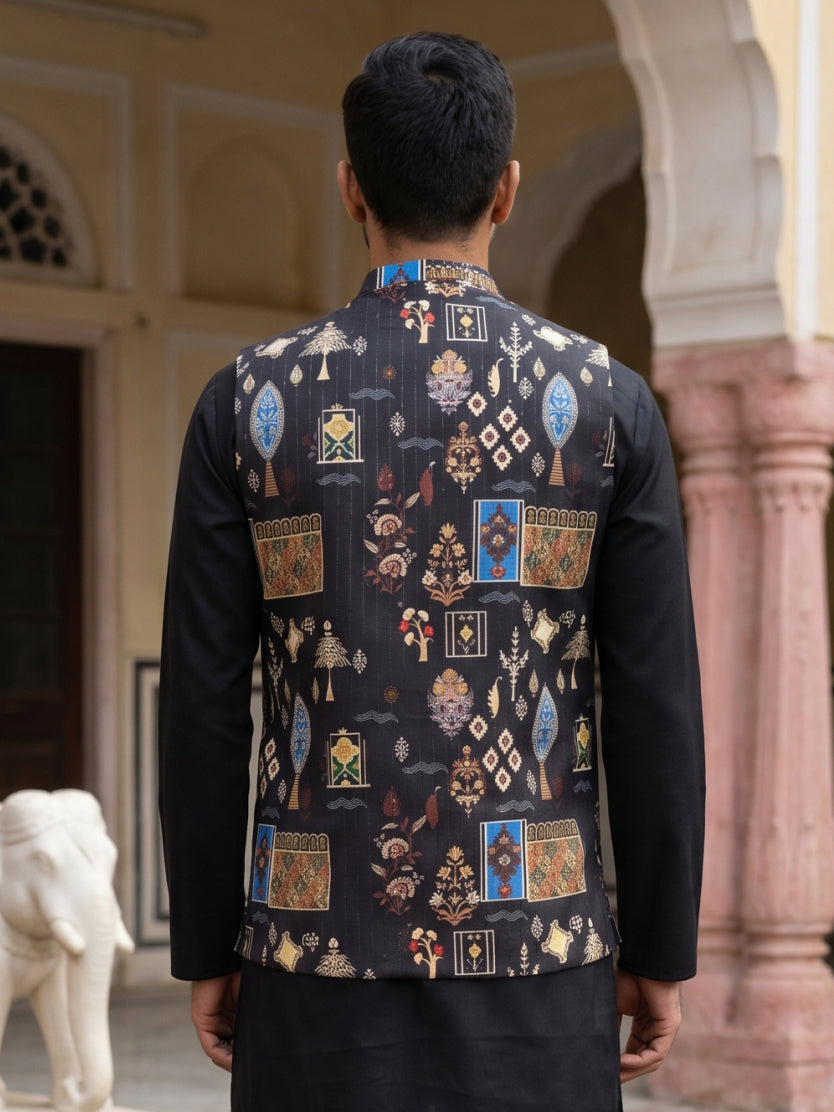 DesiQlo Men Printed Nehru Jacket and Kurta Pyjama Set - Black