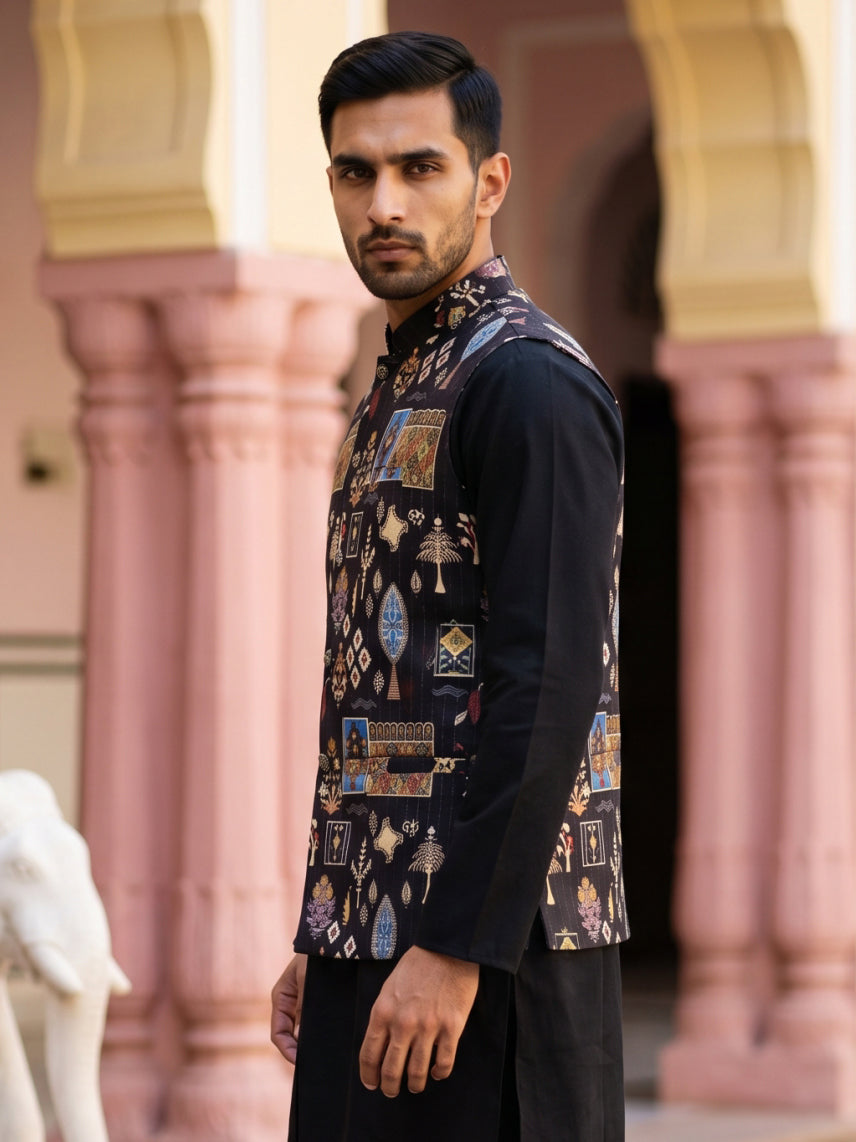 DesiQlo Men Printed Nehru Jacket and Kurta Pyjama Set - Black