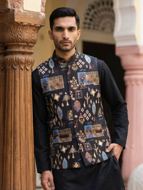 DesiQlo Men Printed Nehru Jacket and Kurta Pyjama Set - Black
