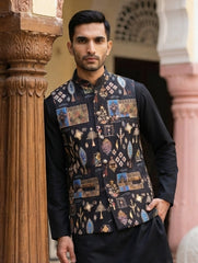 Cotton Blend Multicoloured Print Nehru Jacket ( 65WC 4159Black )