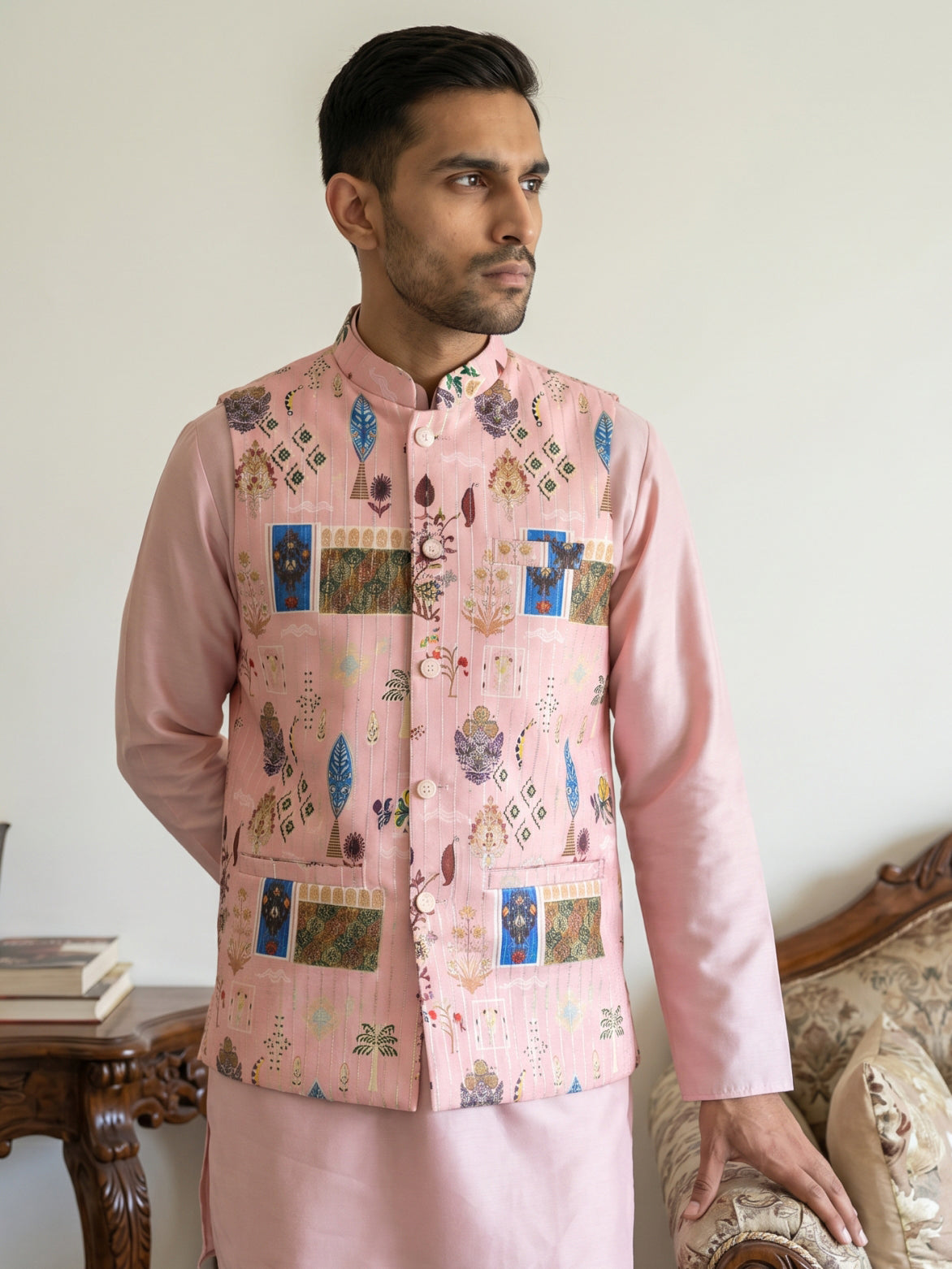 DesiQlo Men Printed Nehru Jacket and Kurta Pyjama Set - - 65WC_4159Pea