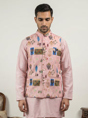 Cotton Blend Multicoloured Print Nehru Jacket ( 65WC 4159Peach )