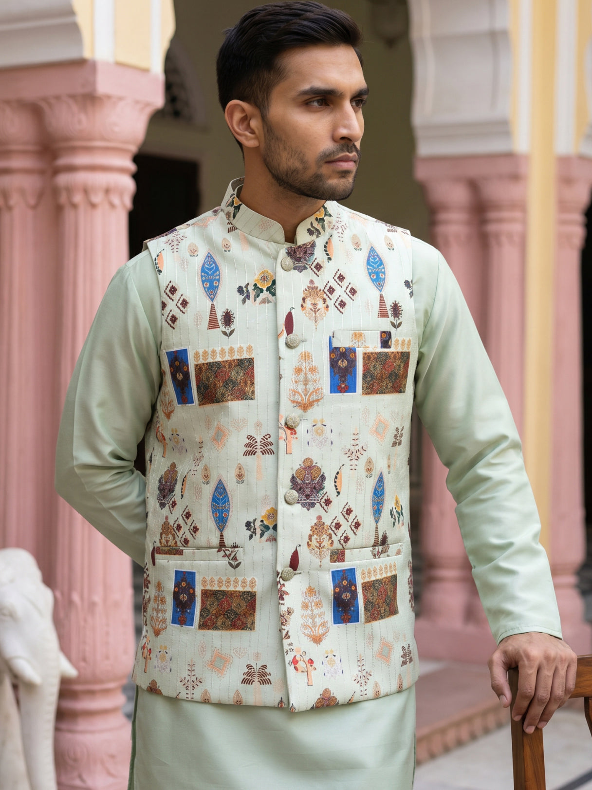 DesiQlo Men Printed Nehru Jacket and Kurta Pyjama Set - - 65WC_4159Pis