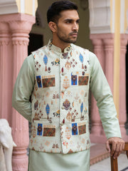 Cotton Blend Multicoloured Print Nehru Jacket ( 65WC 4159Pista )