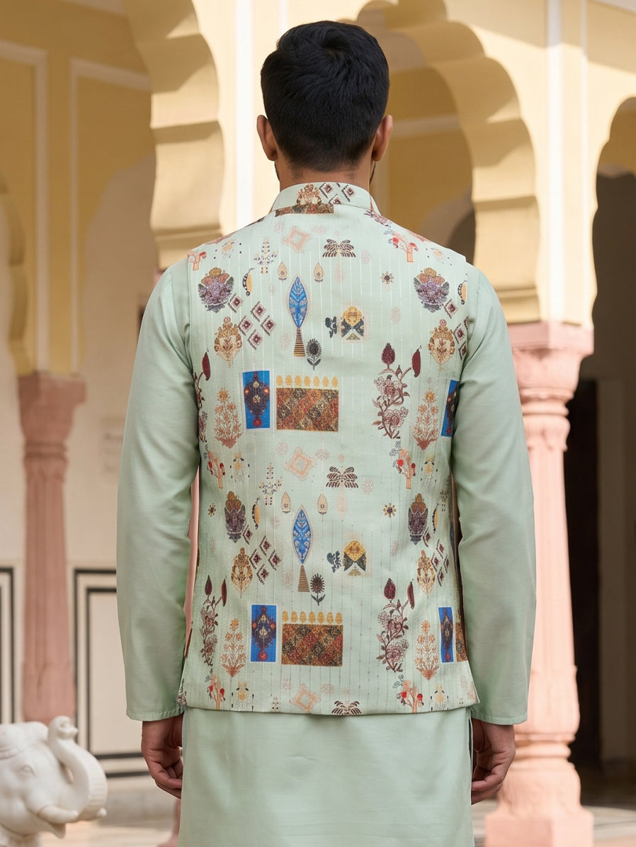 DesiQlo Men Printed Nehru Jacket and Kurta Pyjama Set - - 65WC_4159Pis