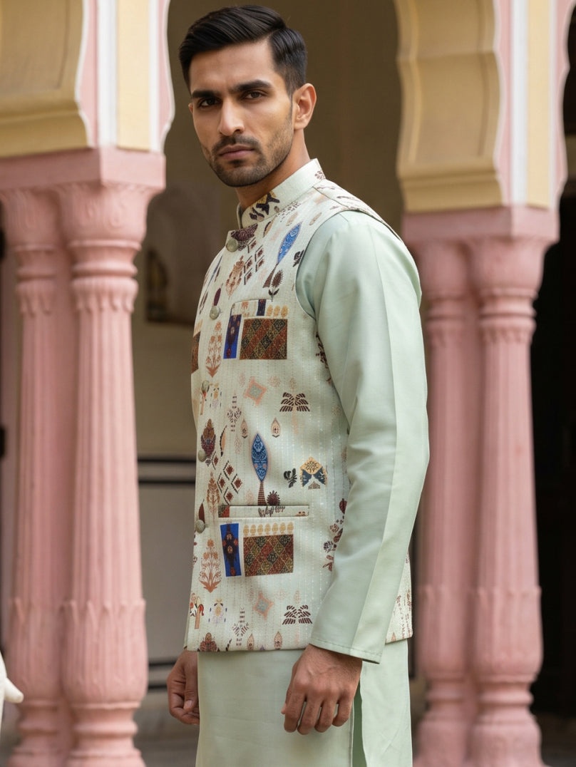 DesiQlo Men Printed Nehru Jacket and Kurta Pyjama Set - - 65WC_4159Pis