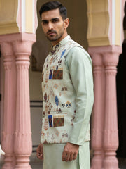 Cotton Blend Multicoloured Print Nehru Jacket ( 65WC 4159Pista )