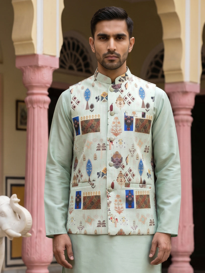 DesiQlo Men Printed Nehru Jacket and Kurta Pyjama Set - - 65WC_4159Pis
