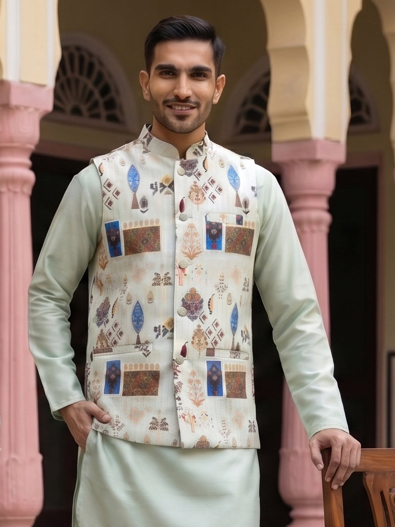 DesiQlo Men Printed Nehru Jacket and Kurta Pyjama Set - - 65WC_4159Pis