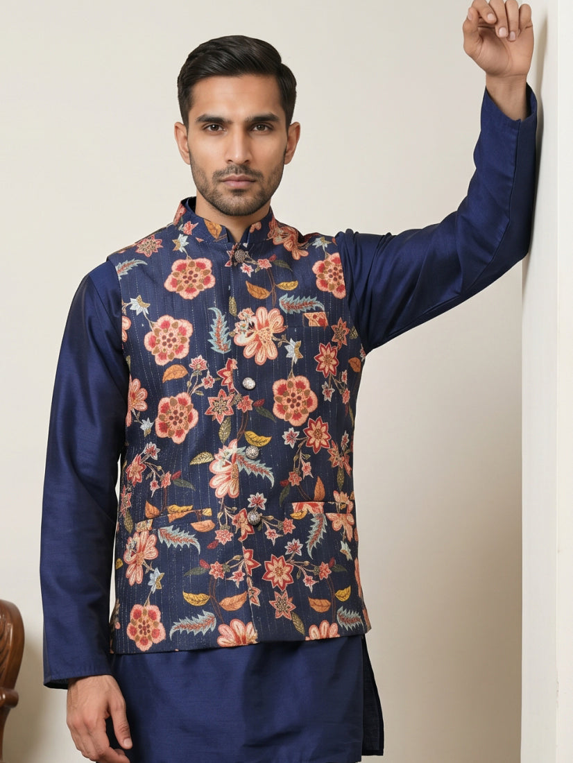 DesiQlo Men Printed Nehru Jacket and Kurta Pyjama Set - Blue