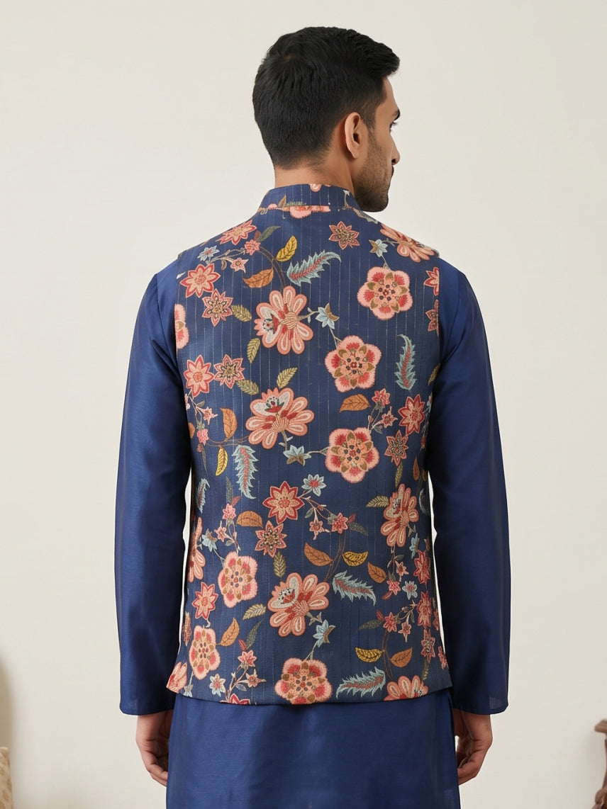 DesiQlo Men Printed Nehru Jacket and Kurta Pyjama Set - Blue