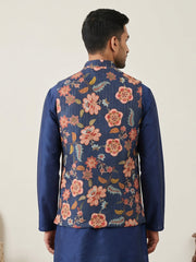 Cotton Blend Floral Printed Nehru Jacket ( 65WC 4160Navy )