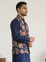 Cotton Blend Floral Printed Nehru Jacket ( 65WC 4160Navy )