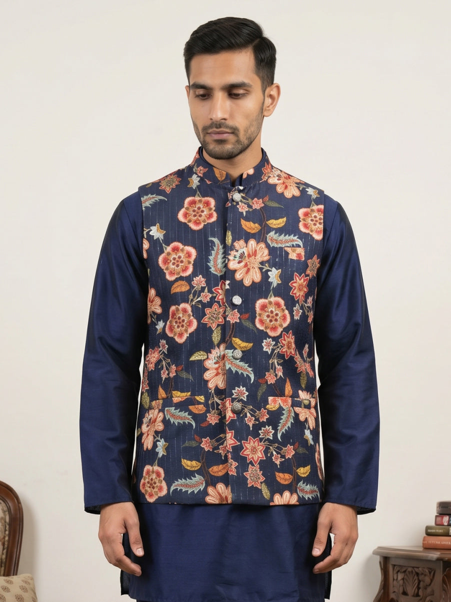 DesiQlo Men Printed Nehru Jacket and Kurta Pyjama Set - Blue