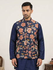 Cotton Blend Floral Printed Nehru Jacket ( 65WC 4160Navy )