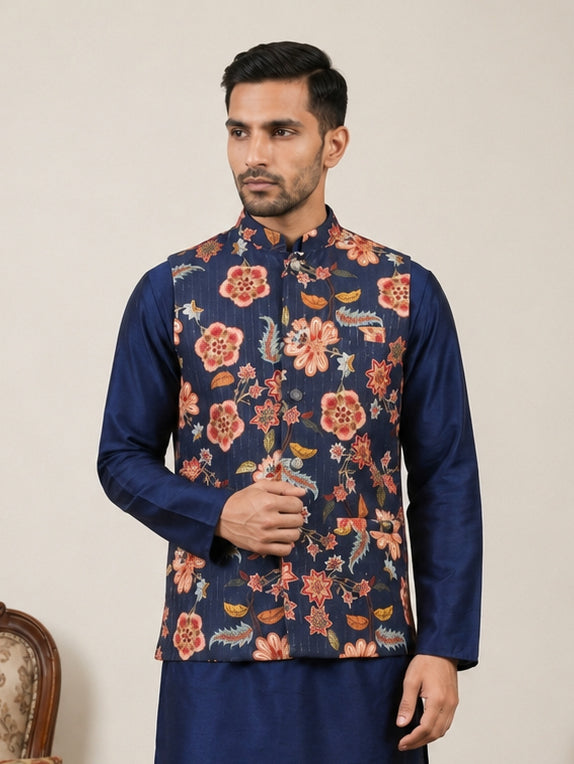 DesiQlo Men Printed Nehru Jacket and Kurta Pyjama Set - Blue