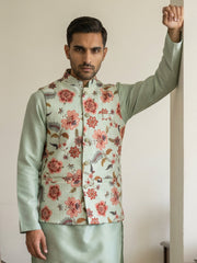 Cotton Blend Floral Printed Nehru Jacket ( 65WC 4160Pista )