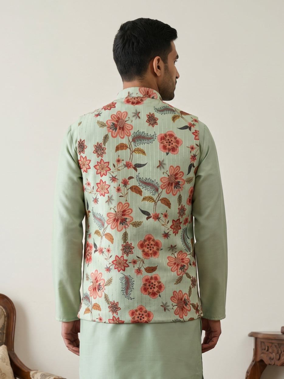 DesiQlo Men Printed Nehru Jacket and Kurta Pyjama Set - - 65WC_4160Pis