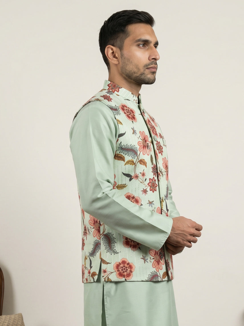 DesiQlo Men Printed Nehru Jacket and Kurta Pyjama Set - - 65WC_4160Pis