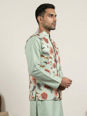 Cotton Blend Floral Printed Nehru Jacket ( 65WC 4160Pista )