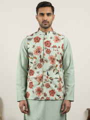 Cotton Blend Floral Printed Nehru Jacket ( 65WC 4160Pista )