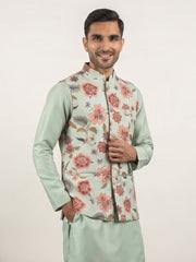 Cotton Blend Floral Printed Nehru Jacket ( 65WC 4160Pista )